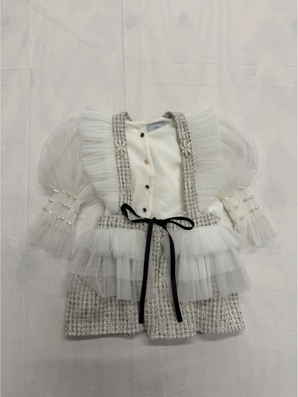 Petite Maison Kids White Tulle and Tweed Dress with Pearl Details and Black Bow